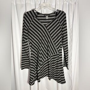 SOFTWORKS Grey & Black Striped V-Neck Tunic Top Sz M